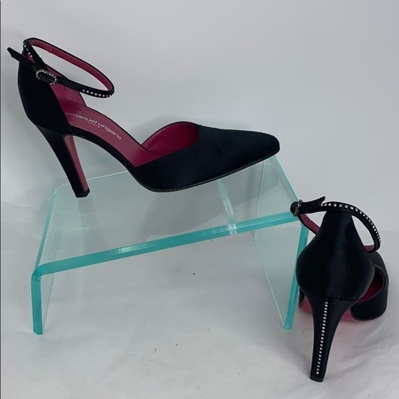 Emanuel Ungaro Sz 7 Black Satin w/Crystals Heels - Picture 2 of 15